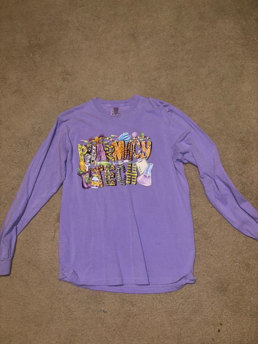 Comfort Colors Lavender Pharmacy Tech Mardi Gras Long Sleeve Graphic Tee